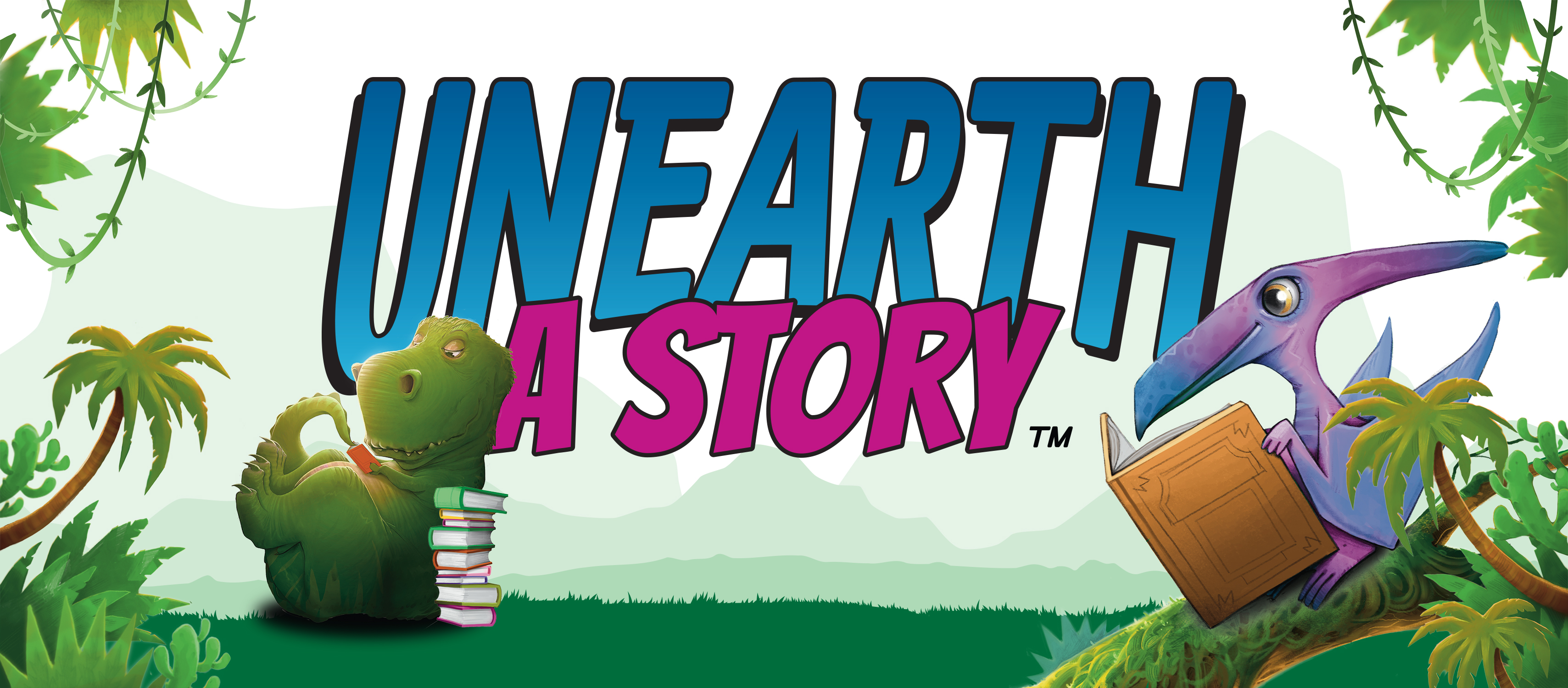Unearth a Story logo, surrounded by palm trees and other greenery with two dinosaurs reading books